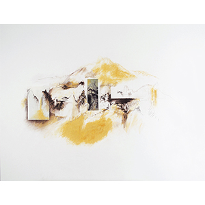 <h2>Pays-d'âges-1</h2><br>2023<br>h : 70 cm  x 100<br>pastel, fusain, impression numérique, collage sur papier