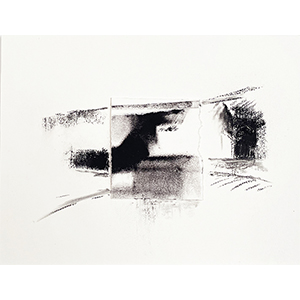 <h2>Obscure clarté-1</h2><br>2025<br>h : 21 cm  x 30, encadré avec passe-partout 32 x 42cm,<br>pierre noire, fusain, impression numérique et collage sur papier