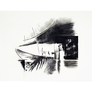 <h2>Obscure clarté-2</h2><br>2025<br>h : 46 cm  x 61, encadré avec passe-partout 50 x 70 cm,<br>pierre noire, fusain, impression numérique et collage sur papier