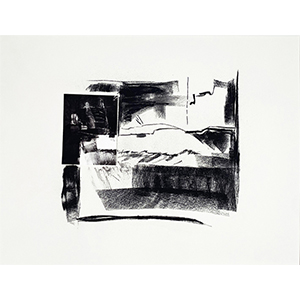 <h2>Obscure clarté-3</h2><br>2024<br>h : 46 cm  x 61, encadré avec passe-partout 50 x 70cm,<br>pierre noire, impression numérique et collage sur papier