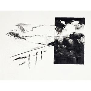 <h2>Obscure clarté-4</h2><br>2025<br>h : 46 cm  x 61<br>gouache, pierre noire, fusain, grattage, scories et collage sur papier